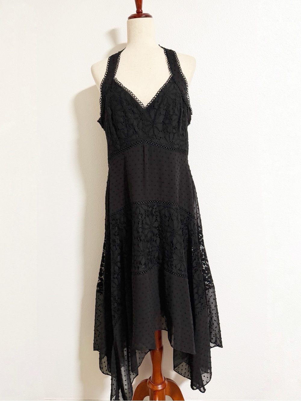 Taylor Lace Swiss Dot Shark Bite Hem Midi Dress Black Sz 14 Witchy Whimsy Goth